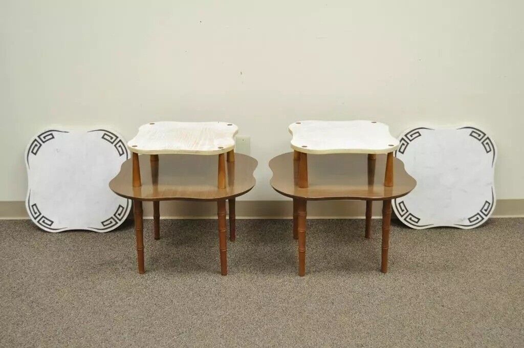 Vintage Hollywood Regency Greek Key Marble Faux Bamboo Wood End Tables - Pair