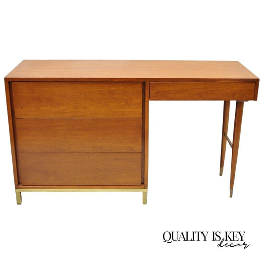 Mid Century Modern Brass Legs and Base Walnut Kneehole Writing Desk Modernist