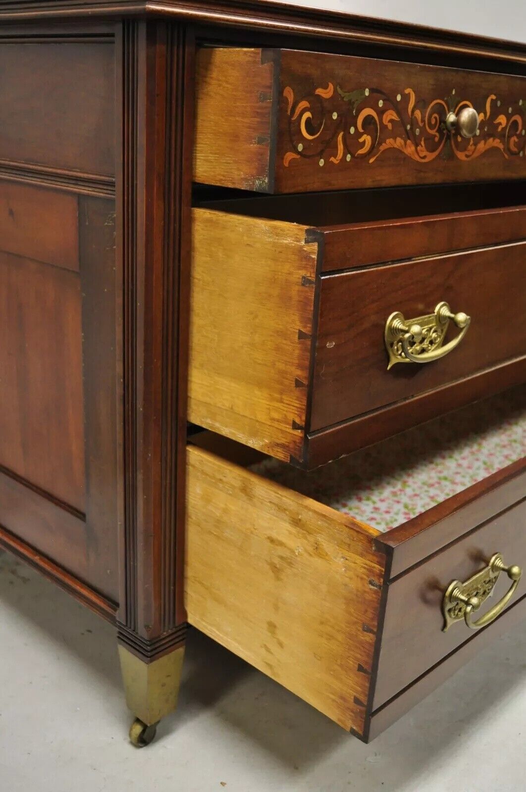 Antique Herts Brothers Edwardian Bronze & Satinwood Inlay Mahogany Chest Dresser