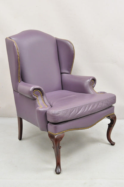 Queen Anne Style Purple Leather Wingback Chair with Nail Heads by Leather Center