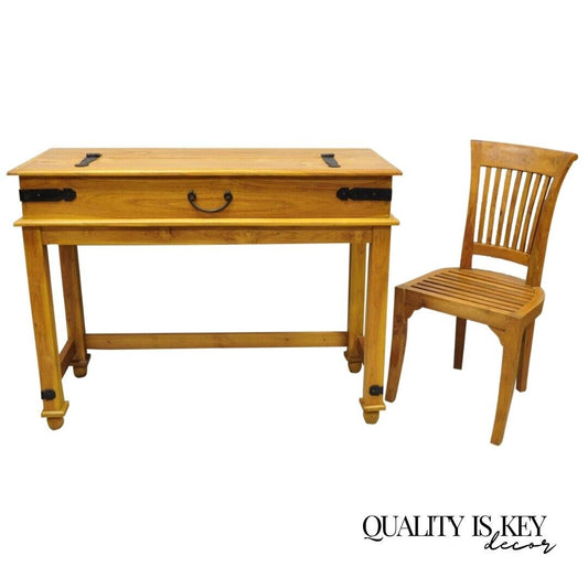 Campaign Style Teak Wood Flip Top Writing Desk with Side Chair -  2pc Set