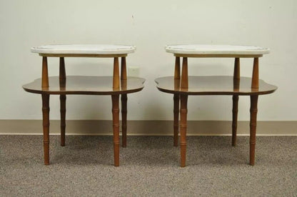 Vintage Hollywood Regency Greek Key Marble Faux Bamboo Wood End Tables - Pair