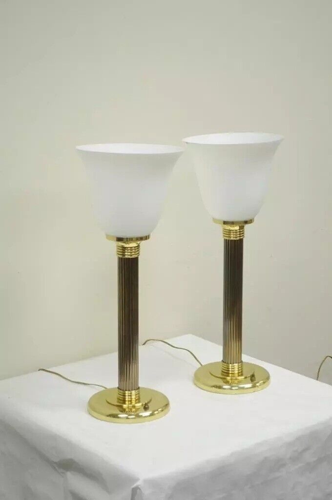 Vintage Brass & Glass Fluted Column Hollywood Regency Empire Table Lamps - Pair