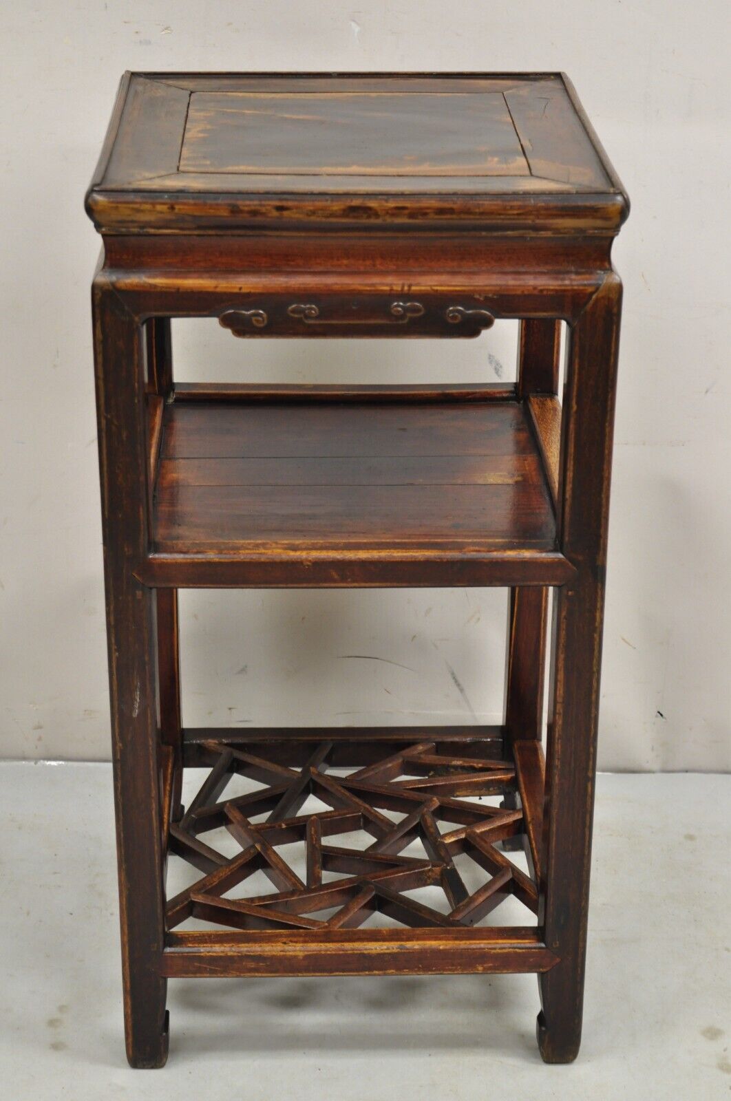 Vintage Chinese Carved Hardwood 3 Tier Fretwork Plant Stand Side Table