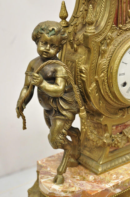 Vintage French Louis XV Style Brevetatto Italy Brass Marble Figural Cherub Clock