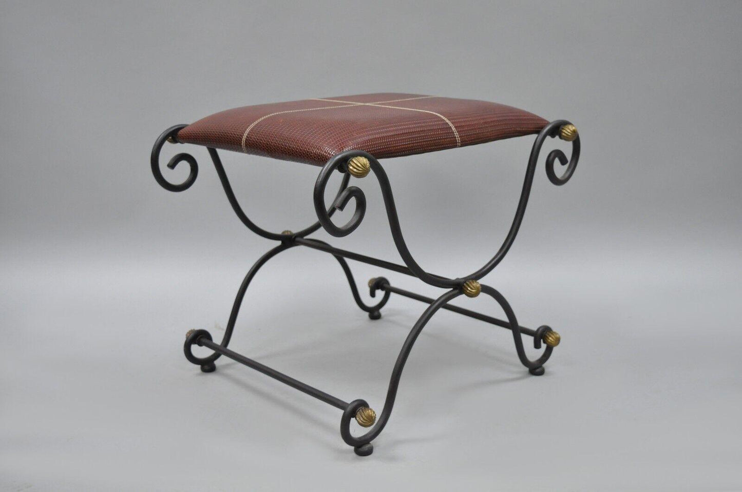 Spanish Regency Style Iron X-Base Curule Bench Stool with Red Woven Leather Seat