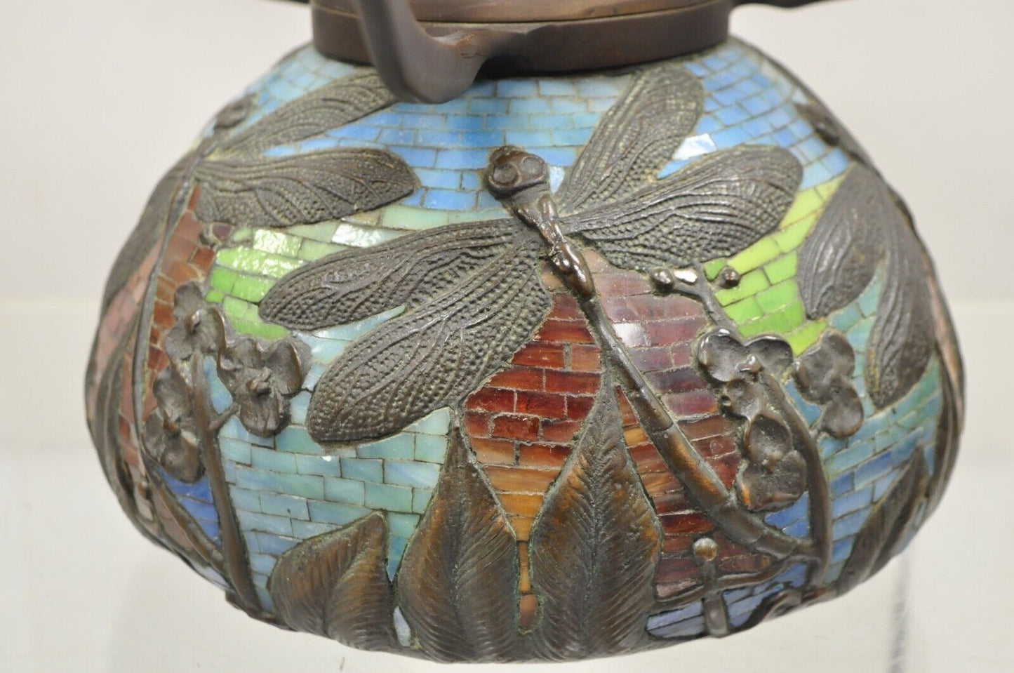 Tiffany Style Bronze and Leaded Stained Glass Blue Eye Dragonfly Table Lamp