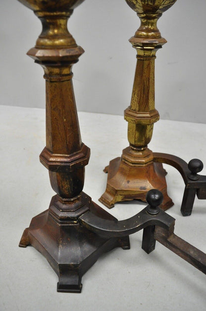 19th C. American Federal Brass Cannonball Andirons with Aged Patina - a Pair