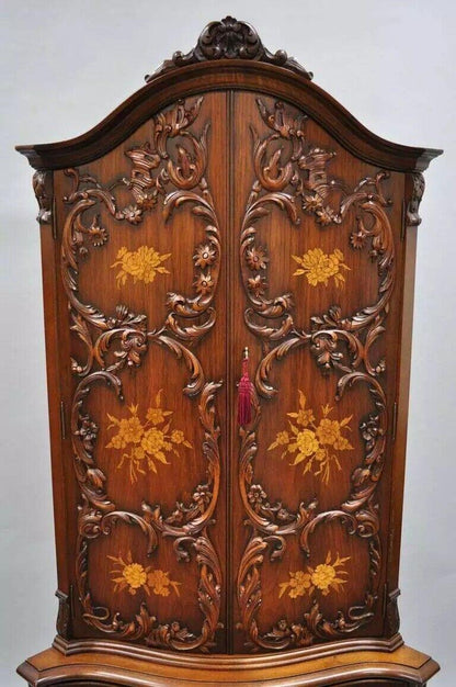 French Louis XV Small Walnut Floral Inlay Style Corner Curio China Cabinet