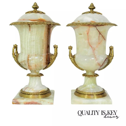 French Louis XVI Empire Style Onyx and Bronze Lidded Urn Cassolettes - a Pair