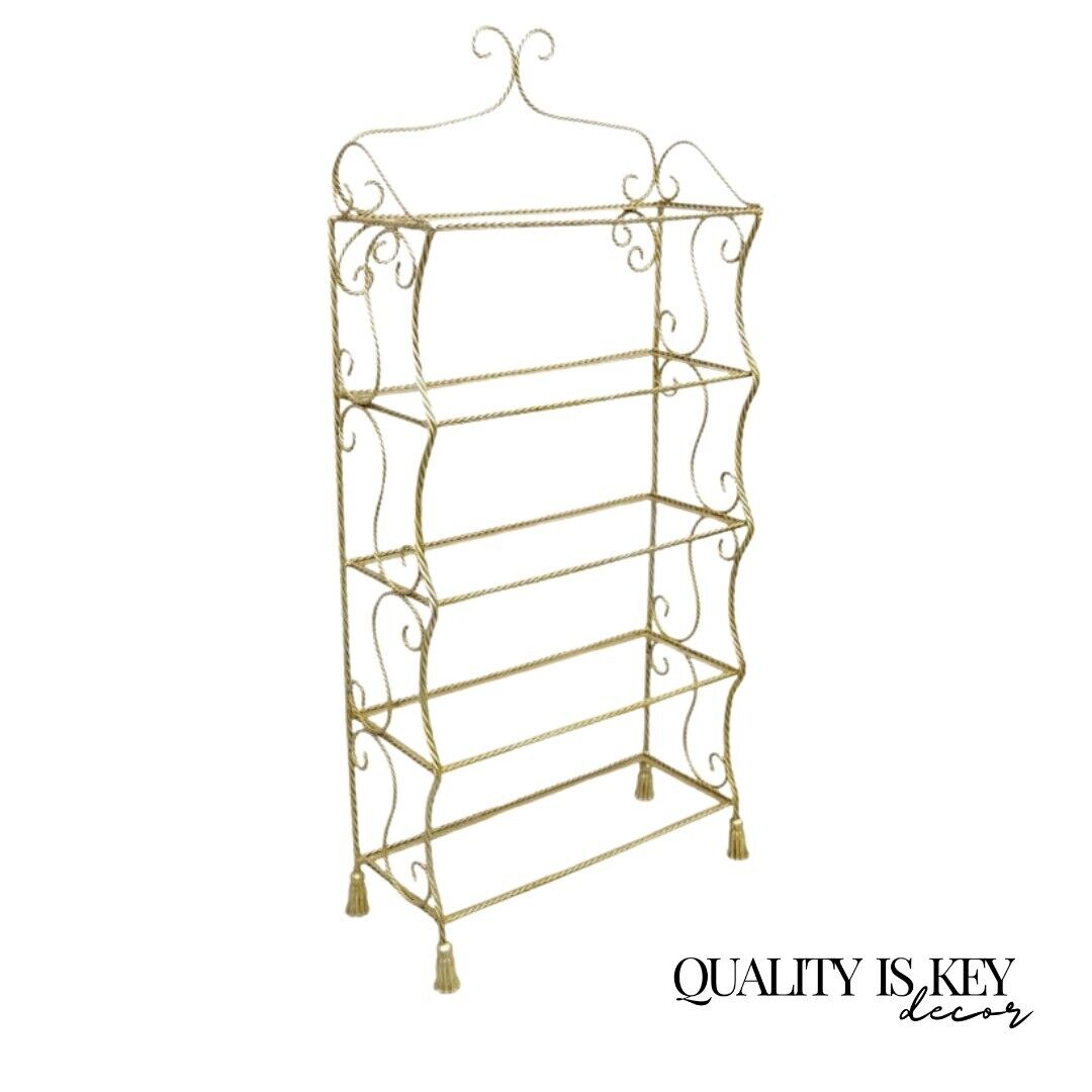 Italian Hollywood Regency Rope Tassel Silver Gold 5 Tier Iron Bakers Rack Shelf