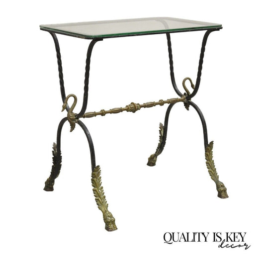 Antique Italian Regency Neoclassical Wrought Iron & Bronze Swan Small Side Table