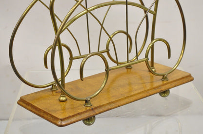 Antique English Victorian Brass and Oak Wood Scrolling Magazine Rack