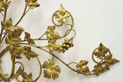 Vintage Italian Hollywood Regency Gold Iron Tole Leafy 3 Candelabra Wall Sconce