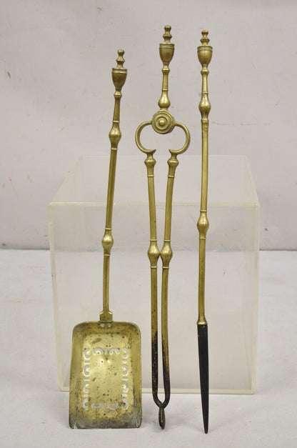 Antique English Federal Sheraton Brass Urn Finial Fireplace Tool Set (B) - 3 Pcs