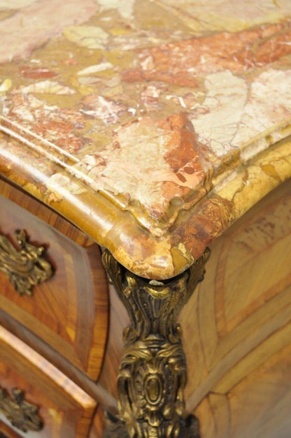 French Louis XV Style Inlaid Marble Top Bombe Commode Chest with Bronze Figures