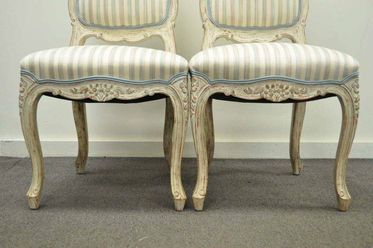 Vintage Swedish Rococo Style Cream Distress Painted Side Chairs - Set of 4