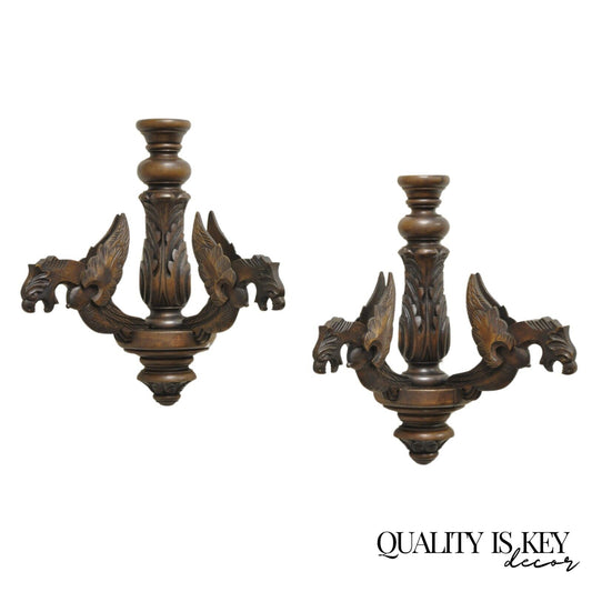 Vintage Italian Renaissance Carved Walnut Winged Griffin Wall Sconces - a Pair