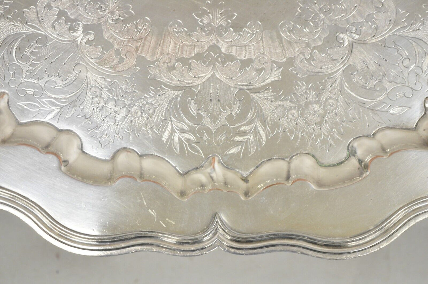 Victorian English Sheffield Silver Plated Oval Scalloped Serving Platter Tray