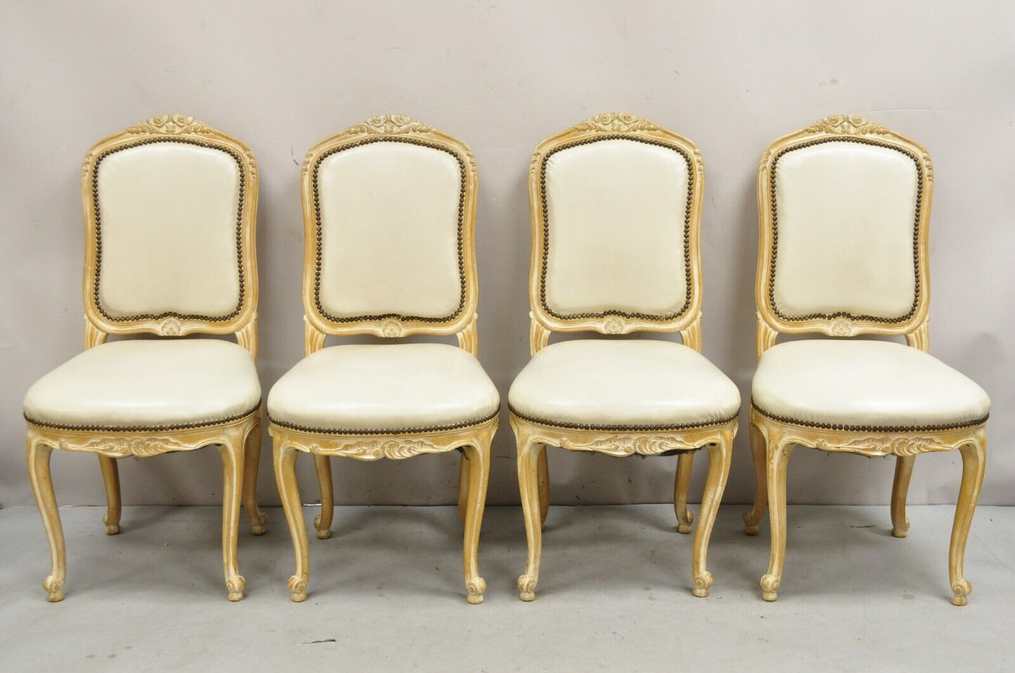 Vintage French Louis XV Style Distress White Washed Dining Side Chair - Set of 4