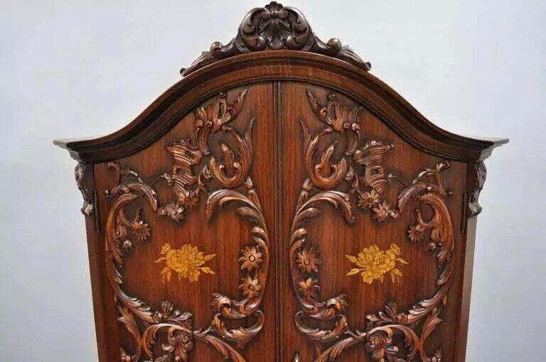 French Louis XV Small Walnut Floral Inlay Style Corner Curio China Cabinet