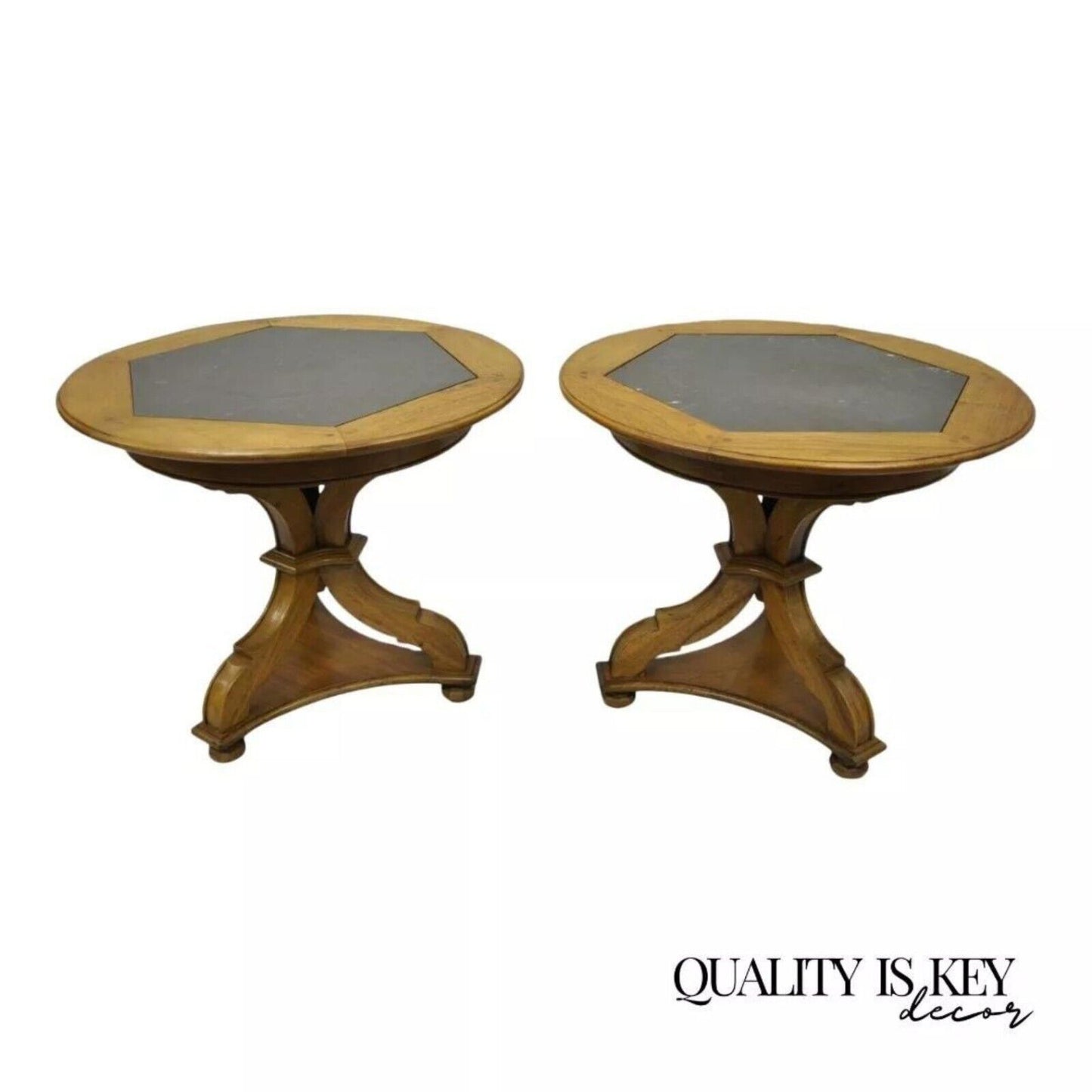 Vintage French Country Style Walnut Slate Top Pedestal Base End Tables - a Pair