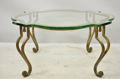 Italian Hollywood Regency Distressed Gold Gilt Iron Scalloped Glass Coffee Table