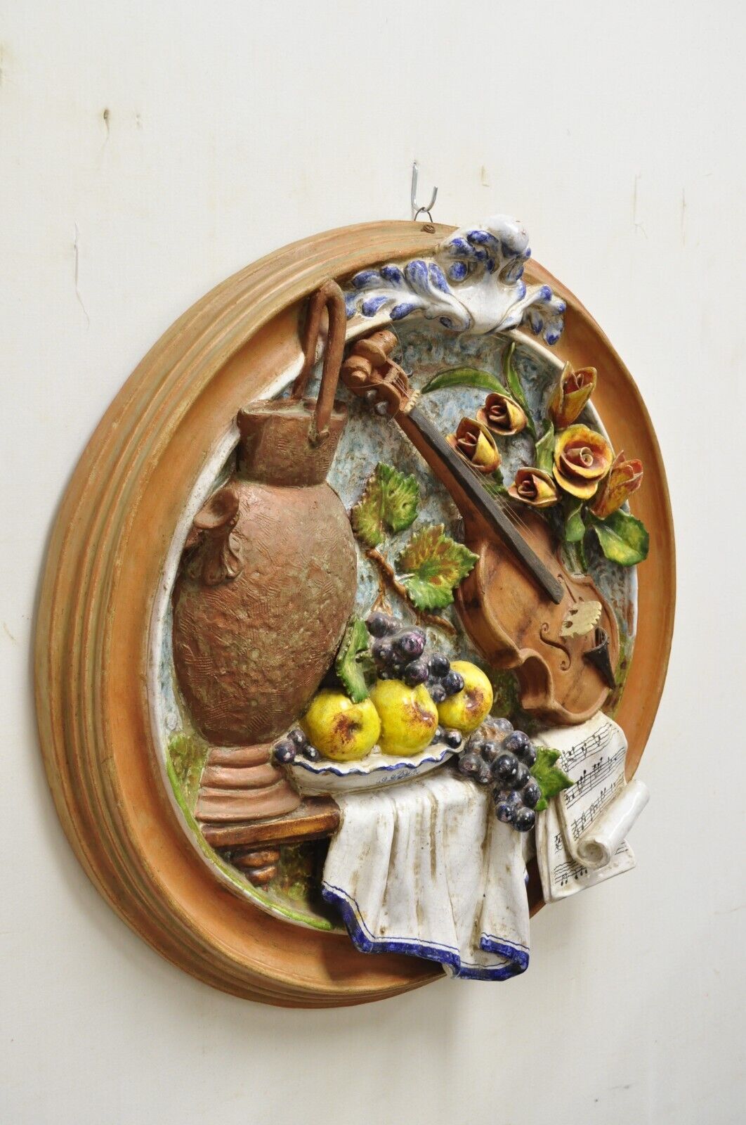 Vintage Italian Regency Style Glazed Terracotta Fruit & Violin Wall Art Plaque