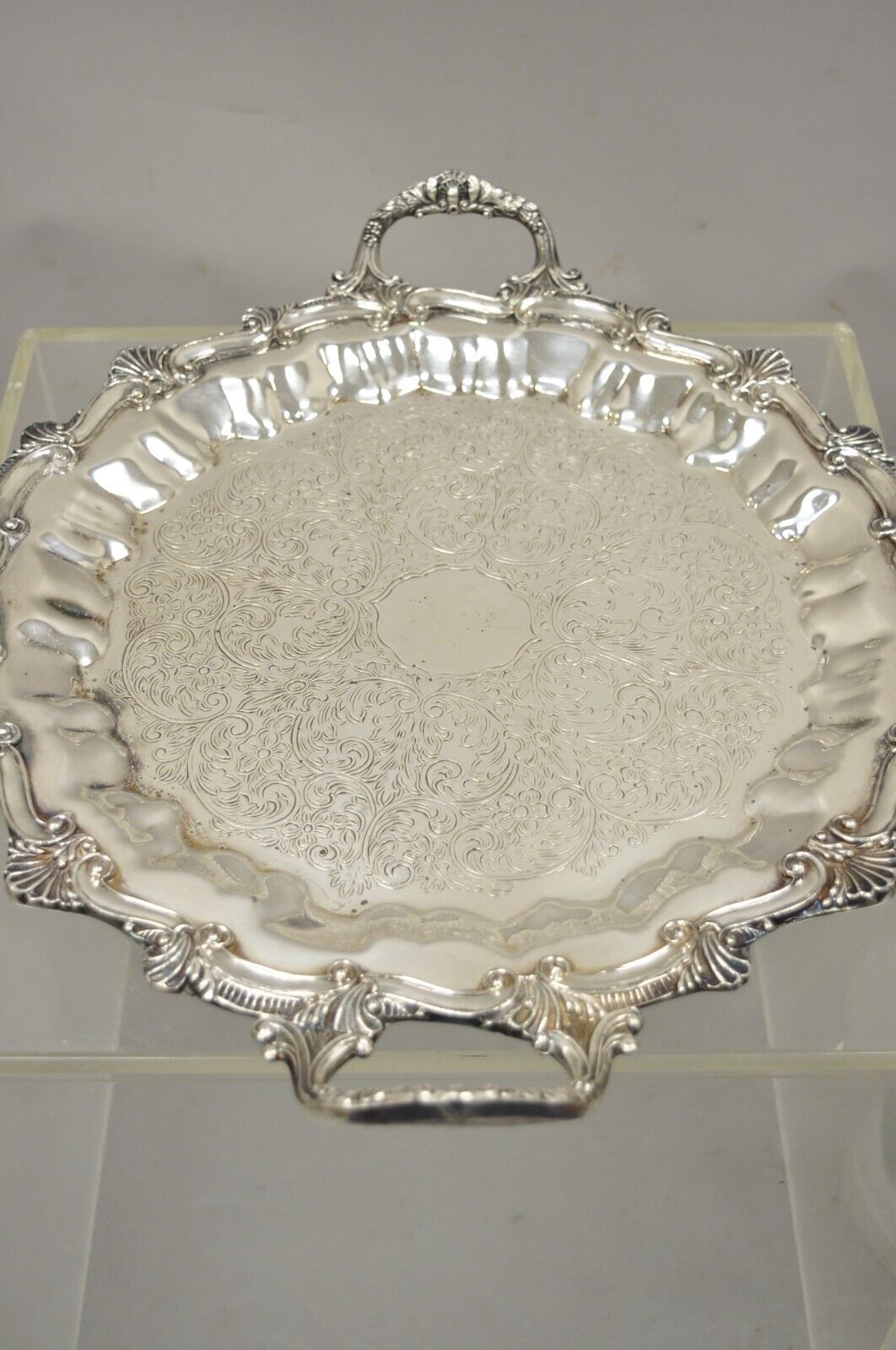 Regency Style Ornate Heavy Silver Plated Twin Handle Scalloped Platter Tray