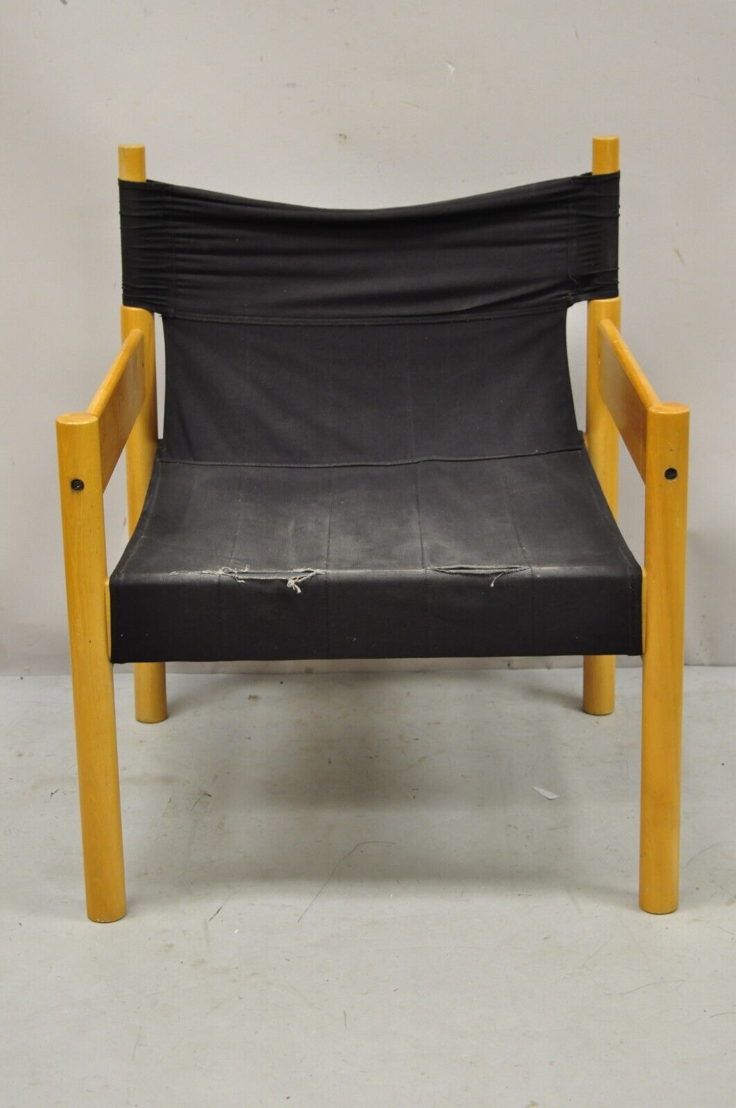 Vintage Scandinavian Modern Birch Wood Lounge Chair with Black Canvas Seat