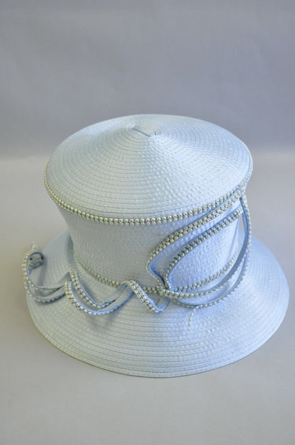 Sky Blue Beaded Ribbon Church Derby Top Hat Attributed to Shellie McDowell