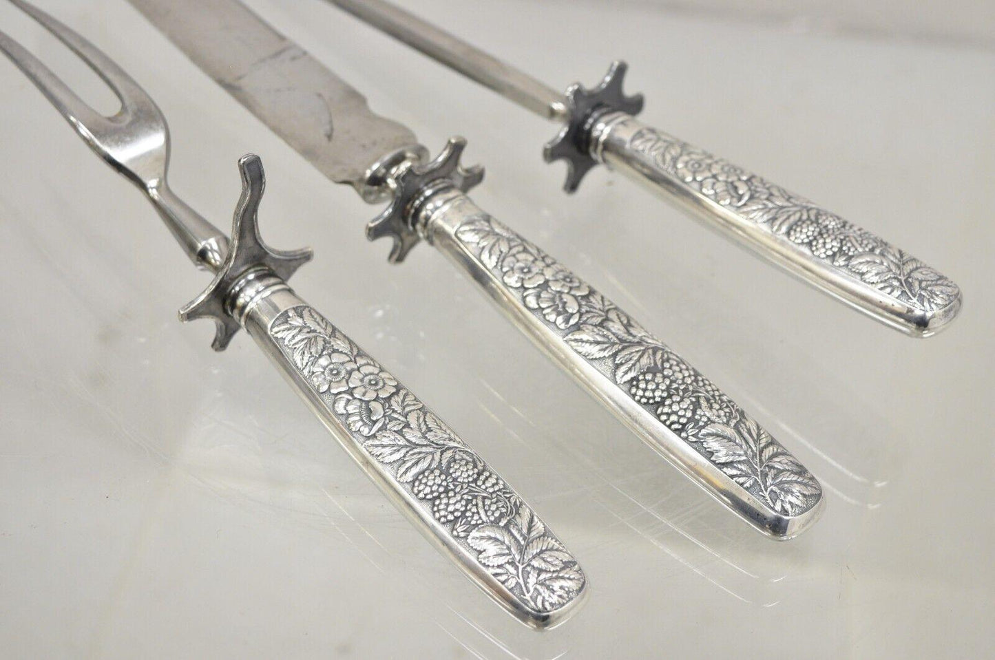 Antique R Wallace & Sons Victorian Silver Plated Repousse Meat Carving Set - 3Pc