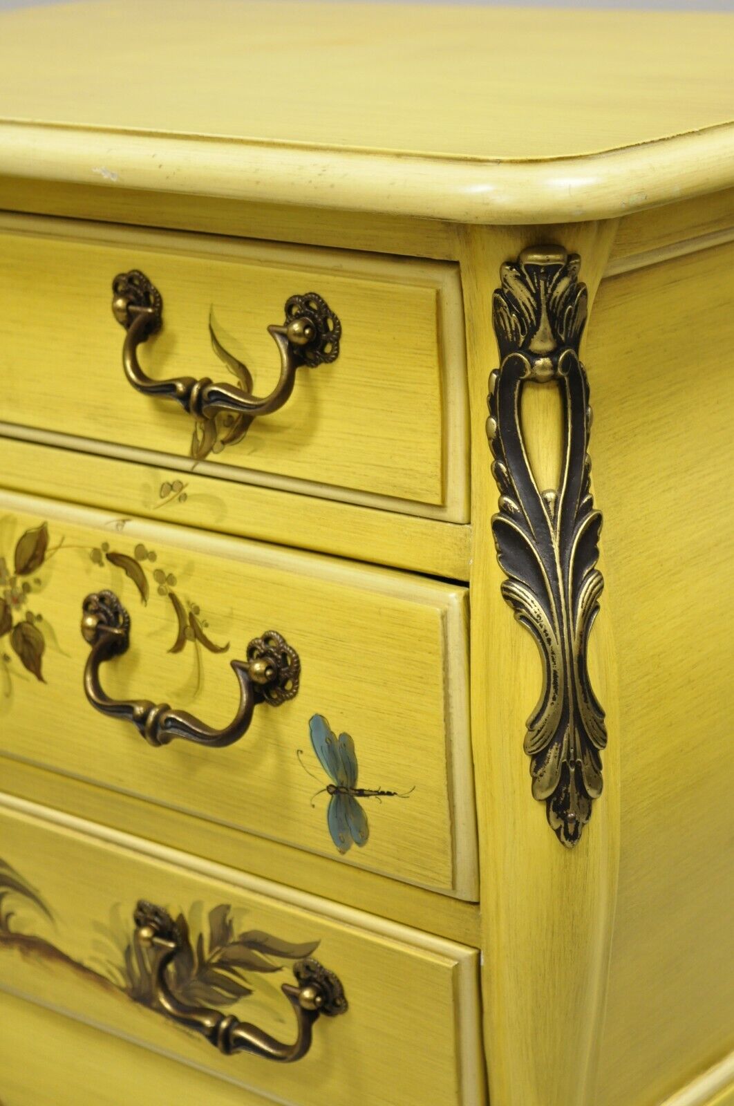 French Louis XV Style Yellow Butterfly Painted 3 Drawer Nightstands - a Pair