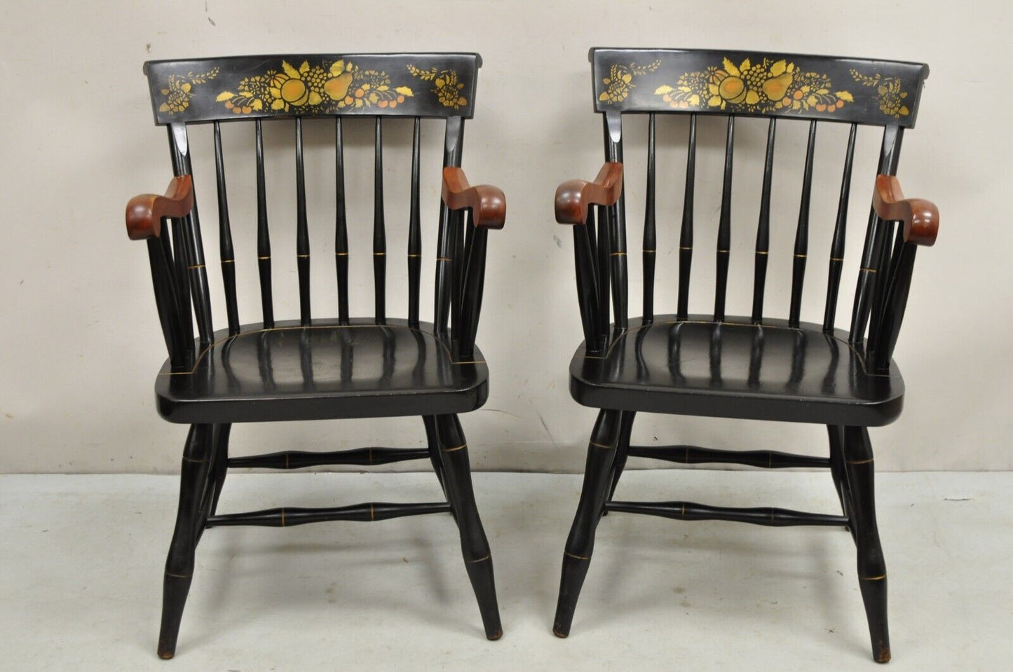 Vintage Nichols & Stone Black Harvest Stencil Hitchcock Style Arm Chairs - Pair