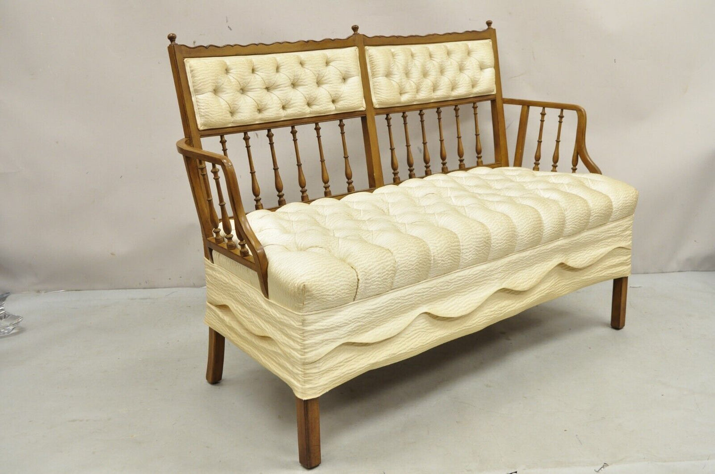 Vintage French Country Style Carved Wood Spindle Upholstered Settee Sofa