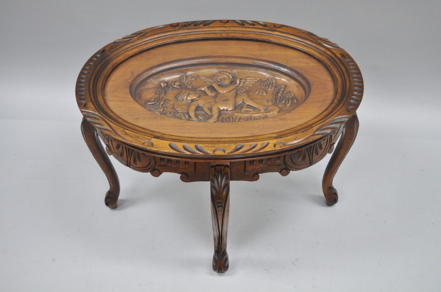 French Renaissance Style Glass Top Tray Coffee Table with Carved Cherubs Angels