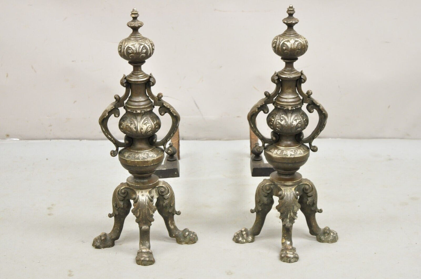 Antique French Empire Cast Iron & Silvered Bronze Paw Foot Andirons - a Pair