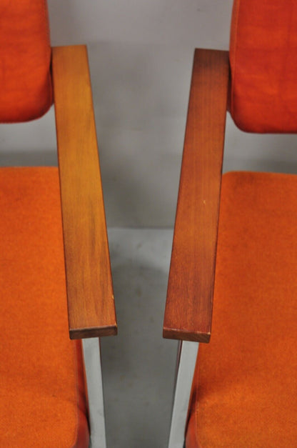 Mid Century Modern Orange Naugahyde Chrome Frame Lounge Arm Chairs by Malibu Ind