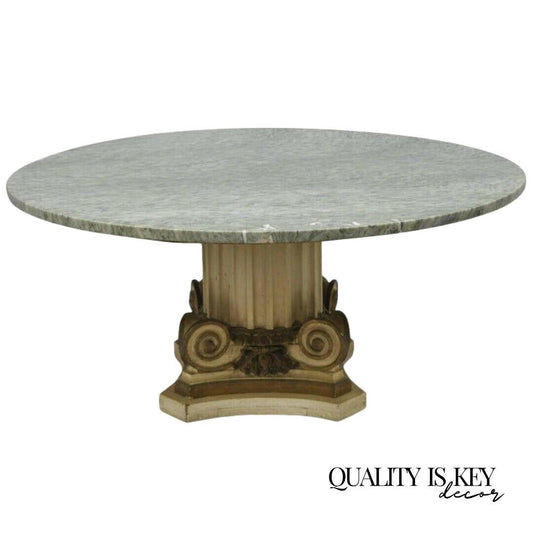 Green Marble Top Fluted Wood Corinthian Column Pedestal Base Round Coffee Table