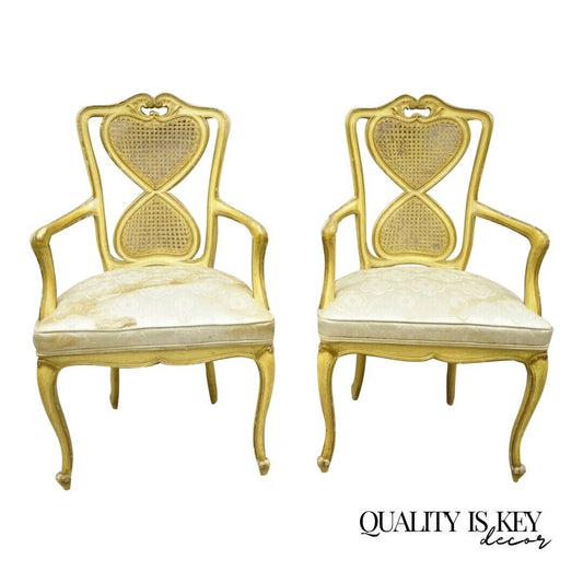 Vintage Italian Provincial French Louis XV Yellow Cane Back Dining Arm Chairs