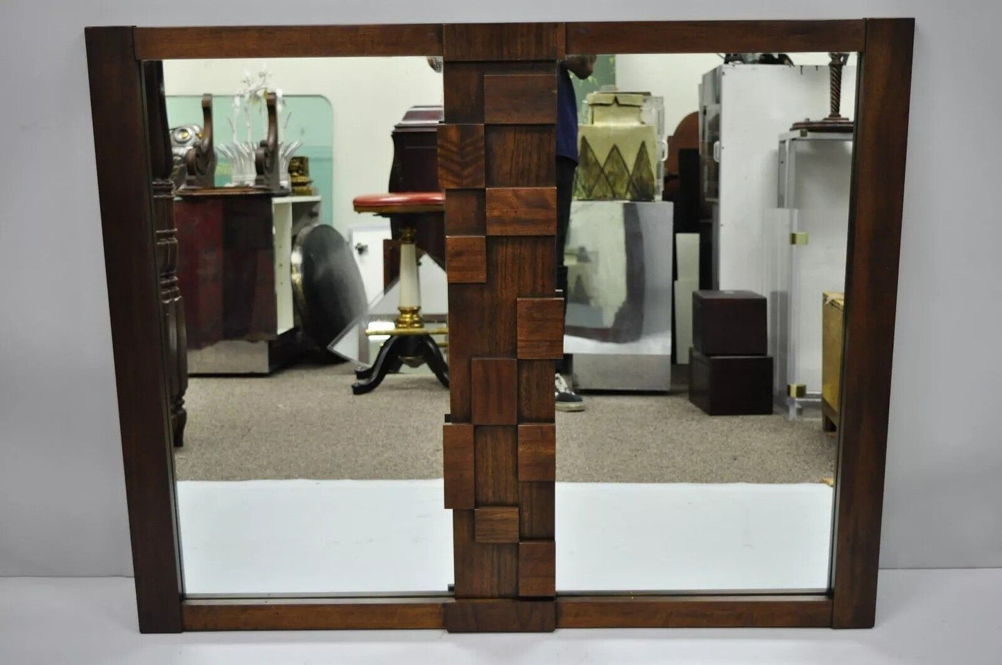 Lane Mid Century Modern Geometric Wood Block Brutalist Double Wall Mirror