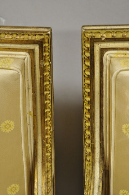 Pair French Louis XVI Neoclassical Gold Silk Fauteuil Parcel Gilt Arm Chairs