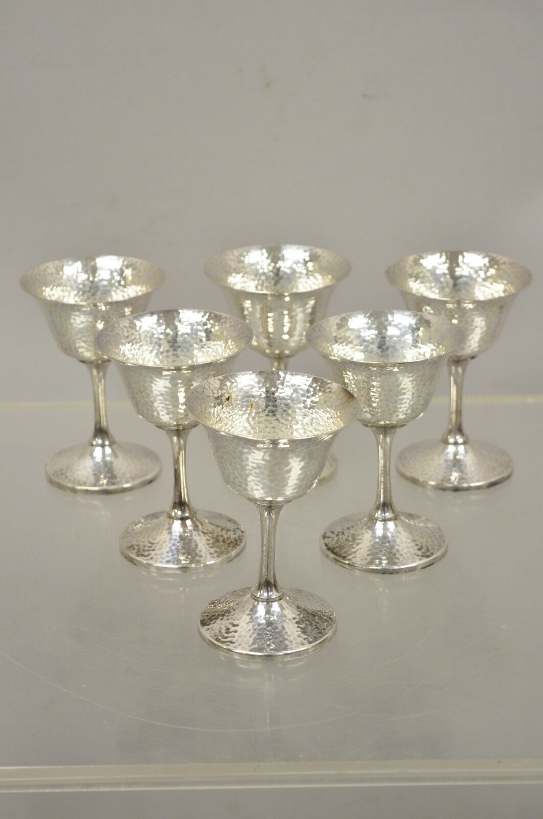 Vintage EGW & S Hammered Silver Plate Wine Goblets Cups - Set of 6