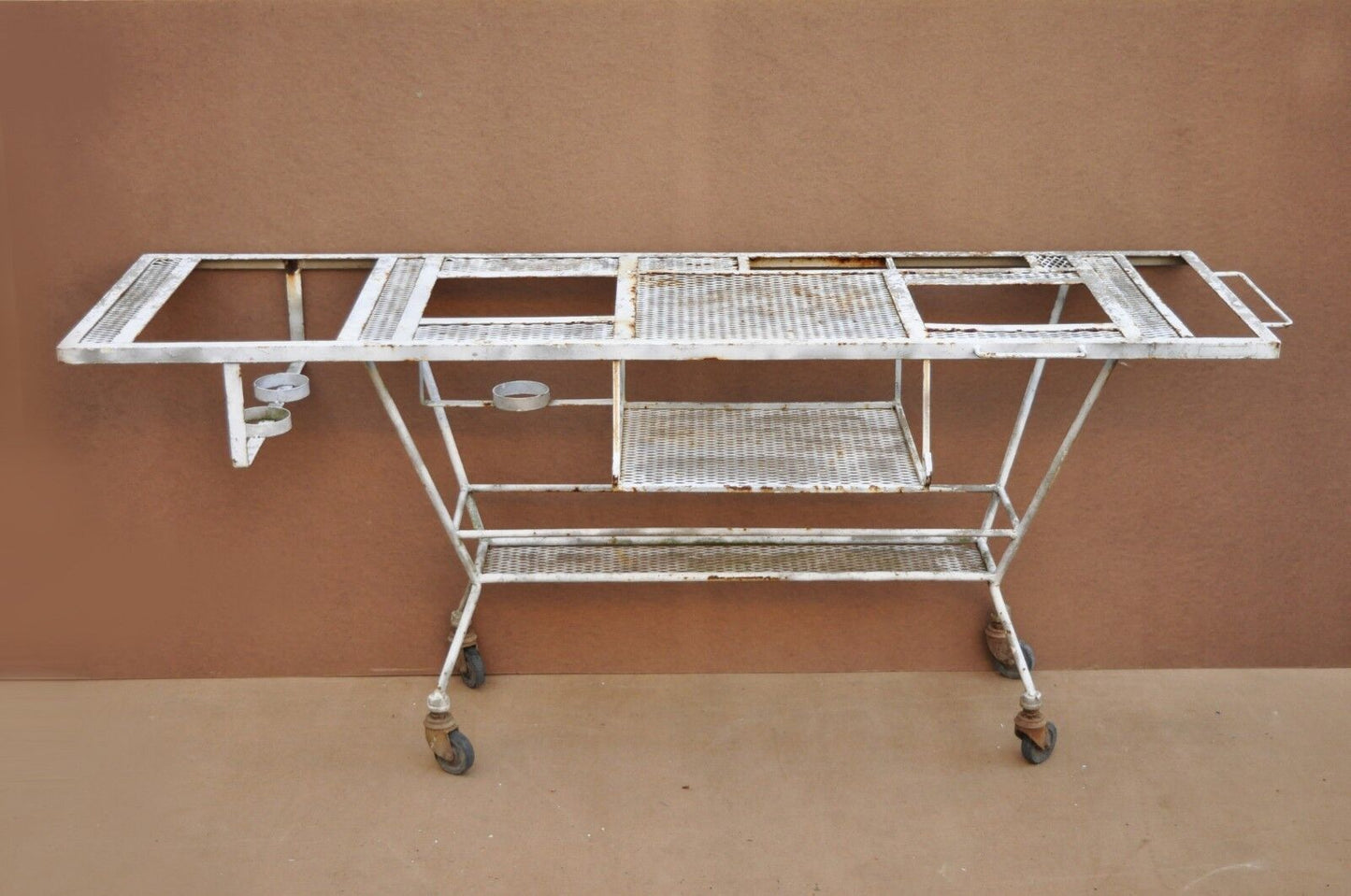 Vintage Mid Century Modern Wrought Iron Metal Mesh Rolling Bar Cart Table