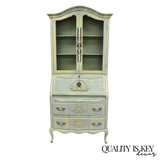 Vintage French Provincial Blue Painted Bookcase Tall Secretary Desk by Danby