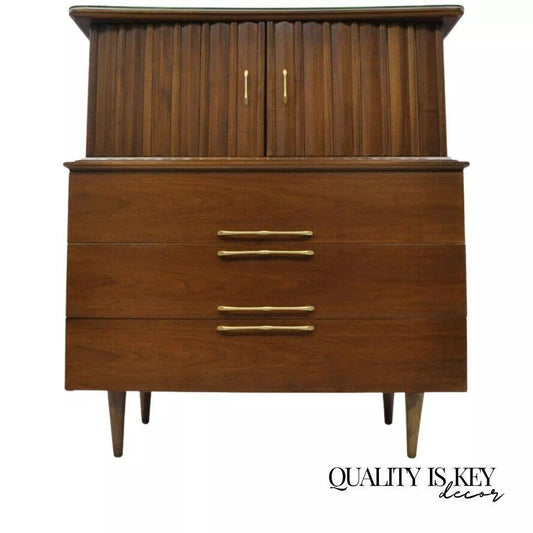 Mid Century Modern Danish Walnut Curved Top Gentleman Tall Chest Dresser Cabinet