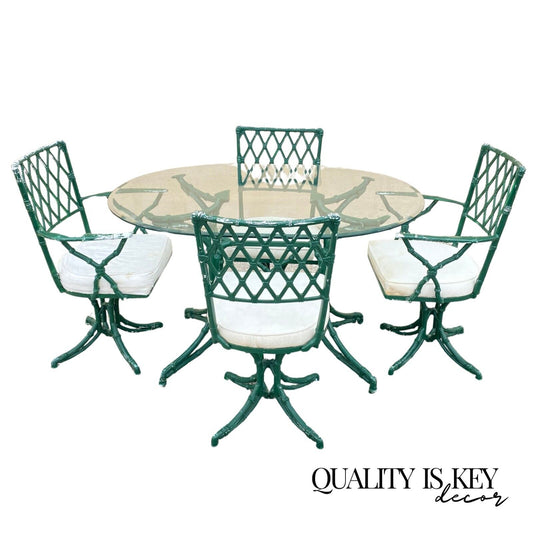 Vintage Hollywood Regency Faux Bamboo Lattice Metal Green Dining Set - 5 Pc Set