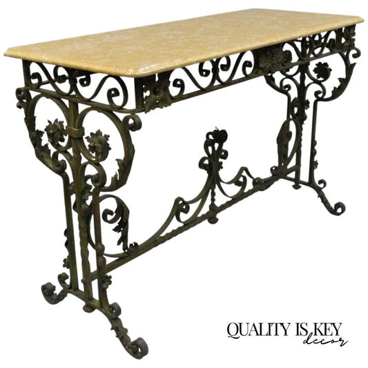 French Art Nouveau Green Wrought Iron Marble Top Scrolling Console Hall Table