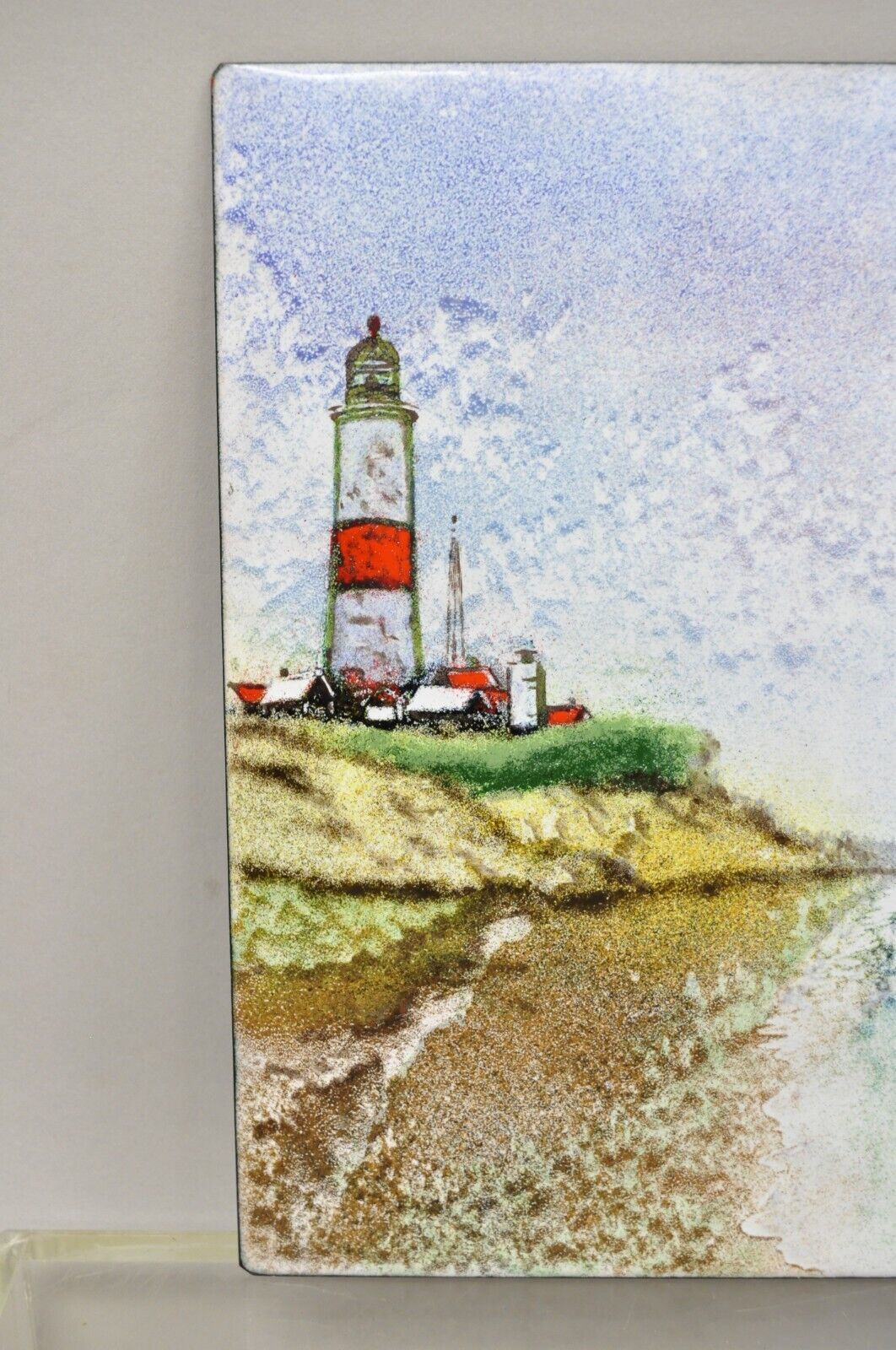 Dom Dominic Mingolla Enamel on Copper Painting Red Lighthouse Shoreline 9 x 12