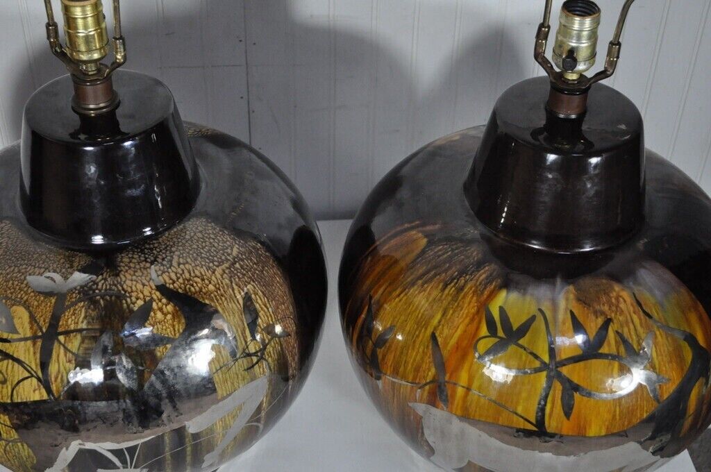 Pair Vintage Mid Century Modern Gazelle Ram Drip Glaze Pottery Table Lamps